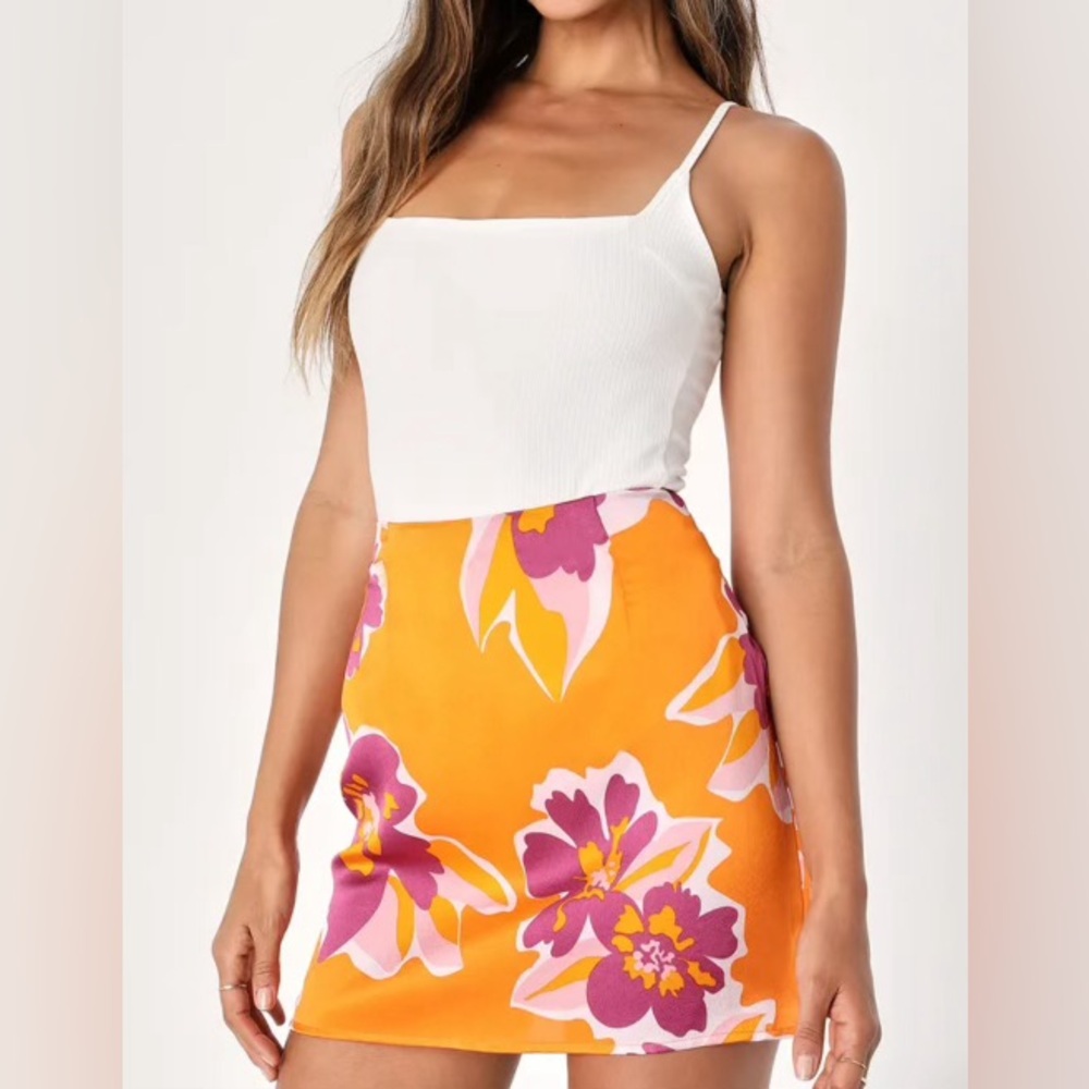 Lulus NWT Vibrant Presence Orange Floral Print High-Rise Mini Skirt XL